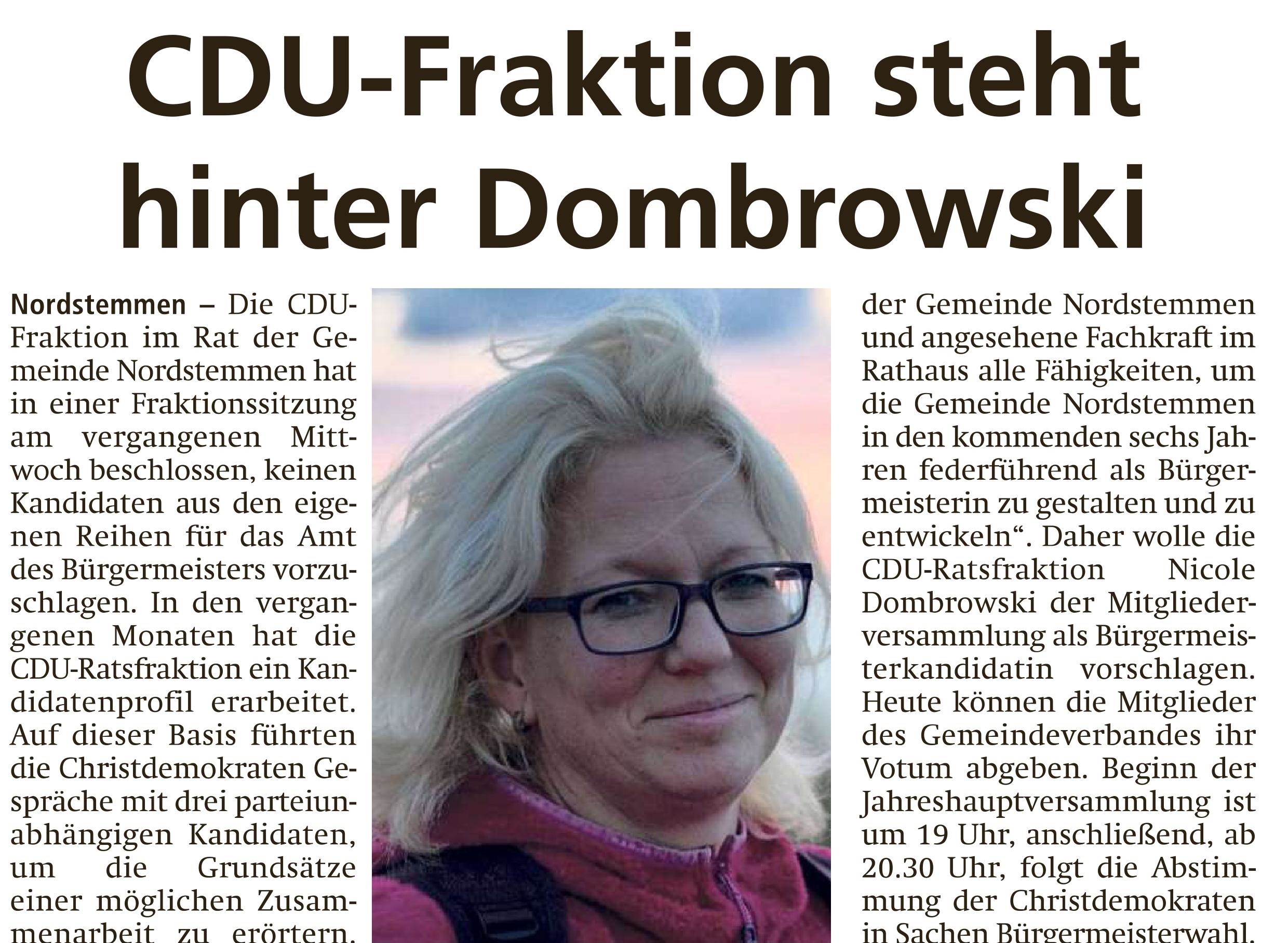 Gemeindebürgermeisterwahl 2020 - CDU-Fraktion steht hinter Dombrowski